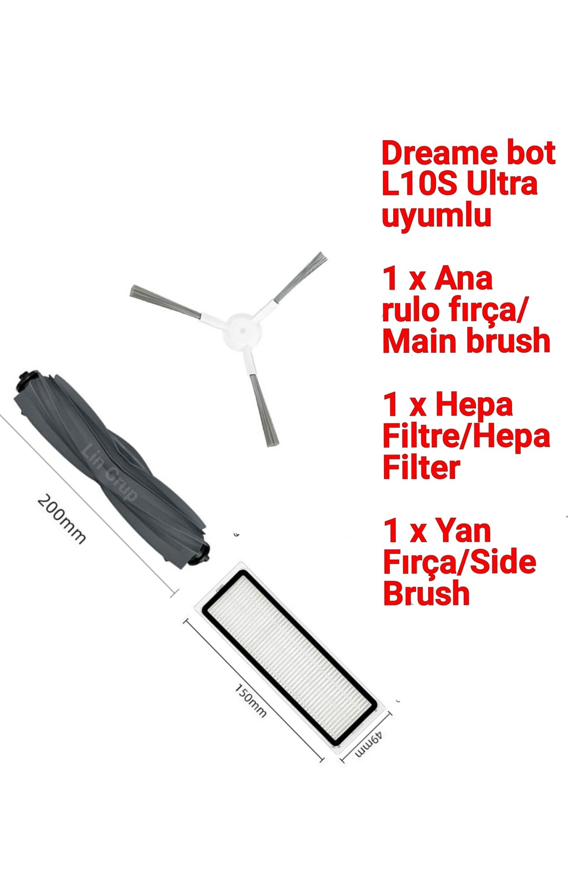 Dreame L10S Ultra Uyumlu Fırça Filtre Yedek Parça Aksesuar Seti, 1 Ana Fırça, 1 Hepa Filtre, 1 Yan Fırça