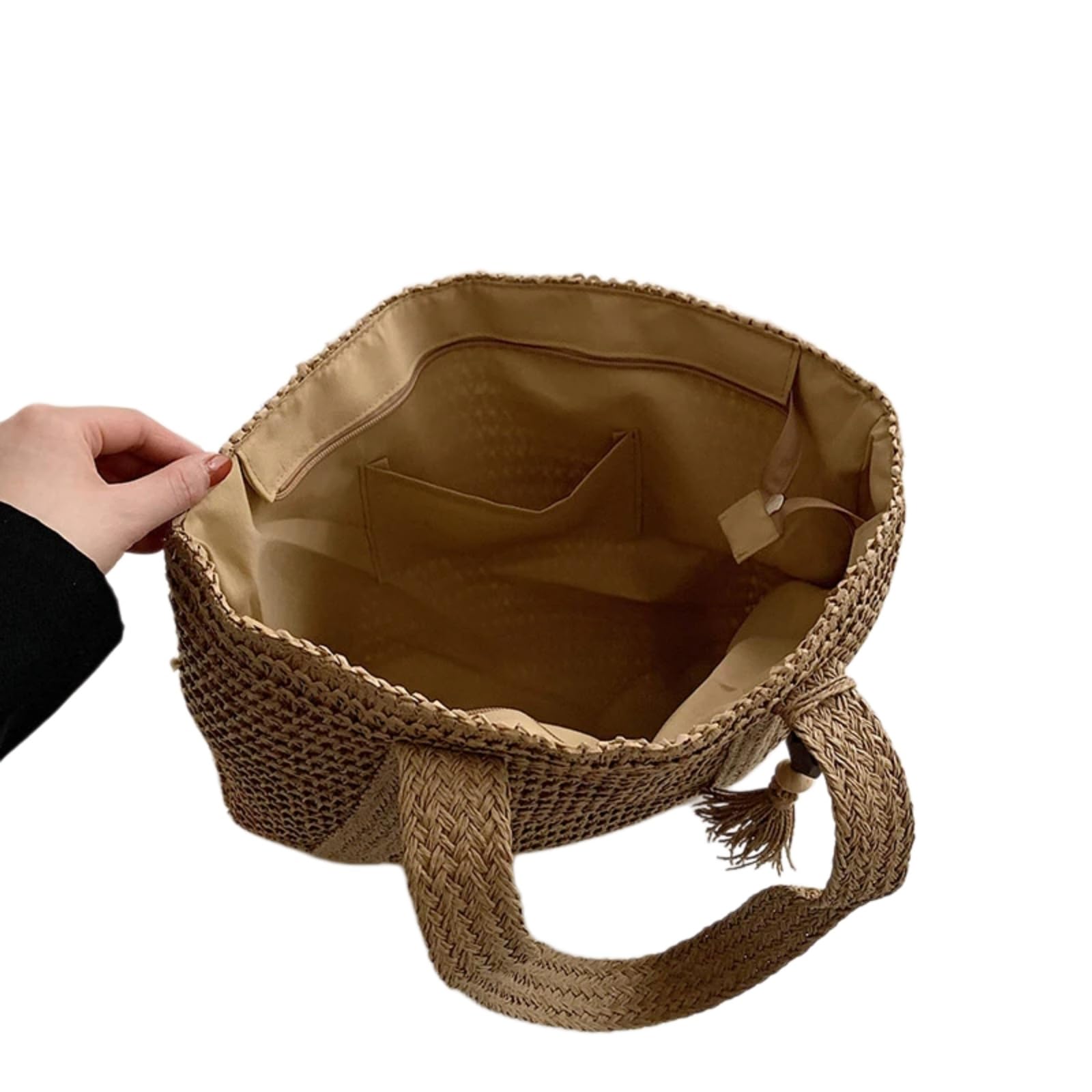 Beauty Case Borsa Tote Tessuta in Paglia da Donna, A Spalla Spiaggia di Grande capacità con Stile Tassel per Viaggi Estivi E Shopping-Green