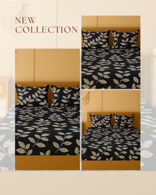 Image of NEW LEAF 320 TC Cotton All Around Elastic Fitted Printed Bedsheets King Size, Premium Fitted Bedsheets King Size for Double Bed with 2 Pillow Covers, Size- 78 inch x 72 inch Pure Black