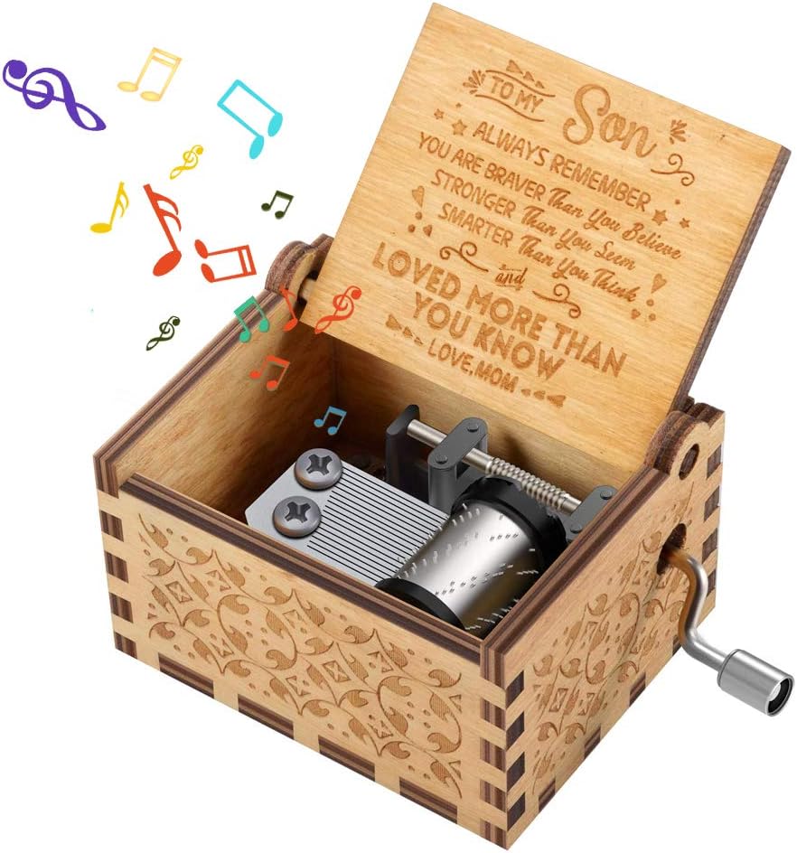 Birthday Gifts for Son Boys Kids Toddler, Wood Engraved Vintage Hand Cranked Cute Music Boxes Present Gift for Child Kid Teen Boy Son from Mother for Children's Day Kids Valentine Xmas Gift Mom to Son