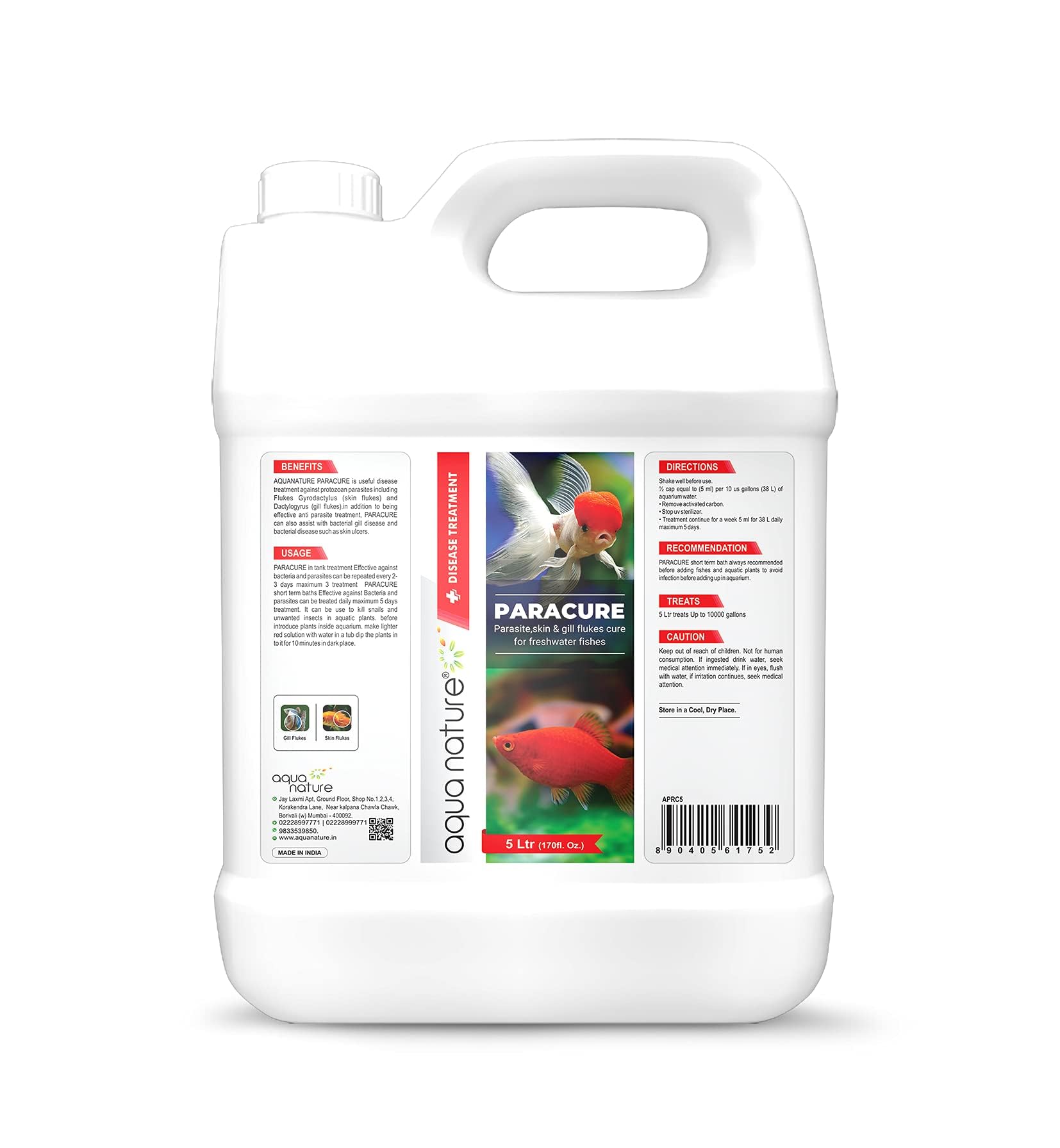 AquaNature Paracure Parasite,Skin & Gill flukes Cure for Freshwater Aquarium Fishes (5Ltr)