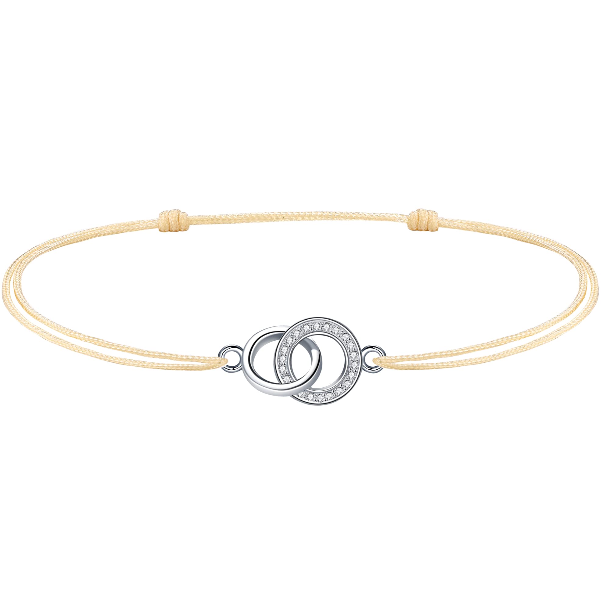 J.Endéar Interlocking Circle Anklet Women Girls Cord Chain Silver 925 Double Ring 34 cm Adjustable Handmade Anklet for Summer Beach Gift