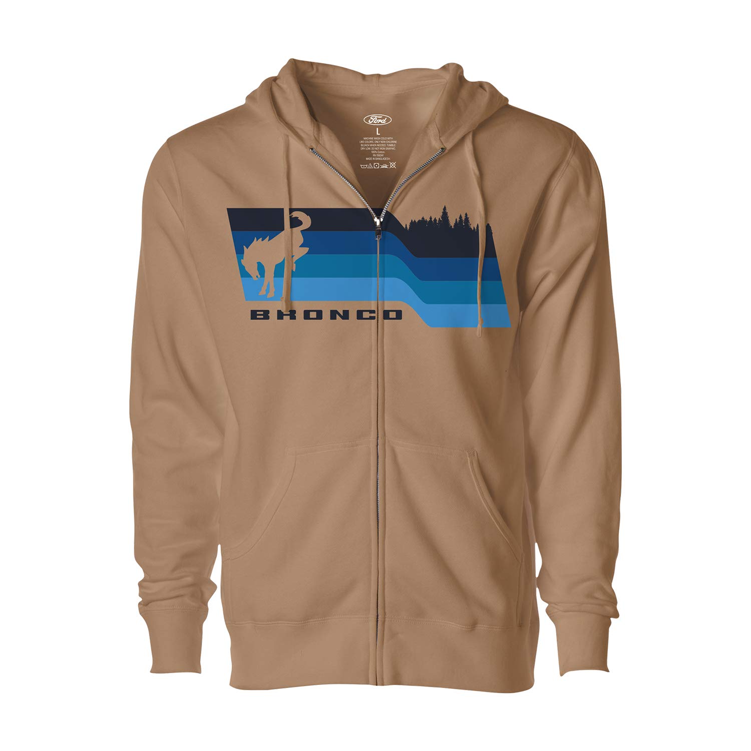 Ford Bronco Long Sleeve Full Zip Up Hoodie, Relaxed Fit, Sand