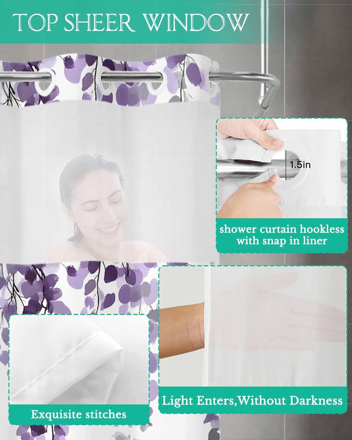 No Hook Shower Curtain with Snap in Fabric Liner Set- Watercolor Eucalyptus Leaves on White Bathroom Curtains with See Through Mesh Top Window,Purple Theme Waterproof Double Shower Curtain 36x78In