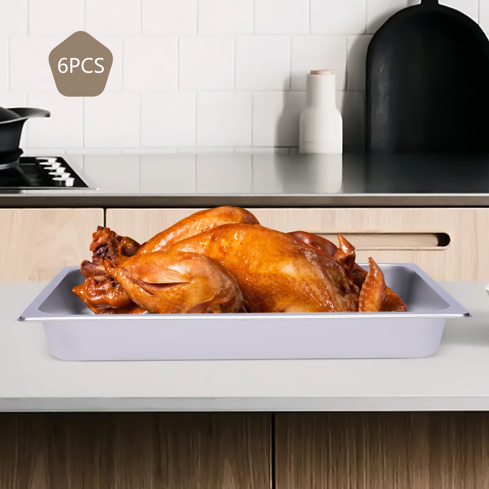 Set di 6 contenitori per gastronorm, 53 x 33 x 6 cm, in acciaio inox 201, per alimenti e torte