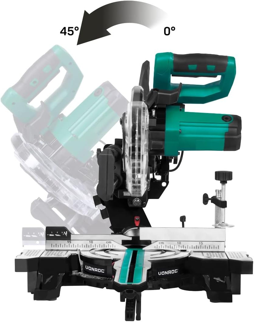 Diagram showing the bevel angle adjustment from 0° to 45° on the VONROC MS500AC Radial Miter Saw.