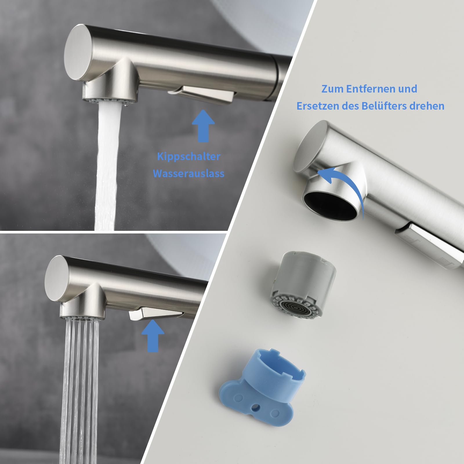 Küchenarmatur LakeBayMZC mit Glasspüler Ausziehbar Dual-Auslauf 360°-Drehung, Wasserhahn Armatur Küche Spültischarmatur 304 Edelstahl Gebürstet