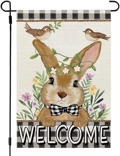 Bandera de jardín de conejo de Pascua bandera de jardín floral de bienvenida bandera vertical de doble cara para decoración al aire libre casa de