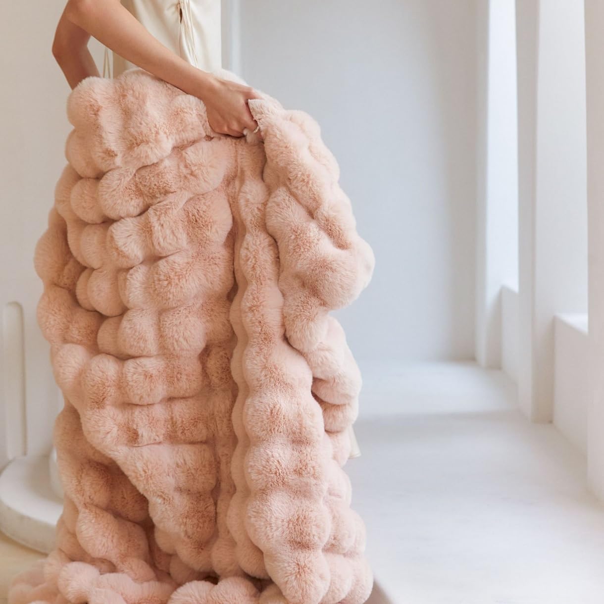 CLOYAO Luxe nepbont plaid, beddekens met zachte, knusse pluche fluwelen achterkant warme pluizige voor de winter, veelzijdige deken, zachte woondecoratie (beige strepen