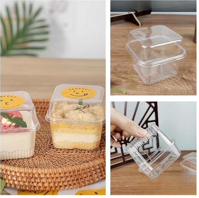 tazze da dessert quadrate trasparenti, 50 Pezzi 8oz tazze bicchieri da dessert,Monoporzione per Dolci,Finger food con coperchio e Cucchiaio, per Budini,Gelati, Mousse