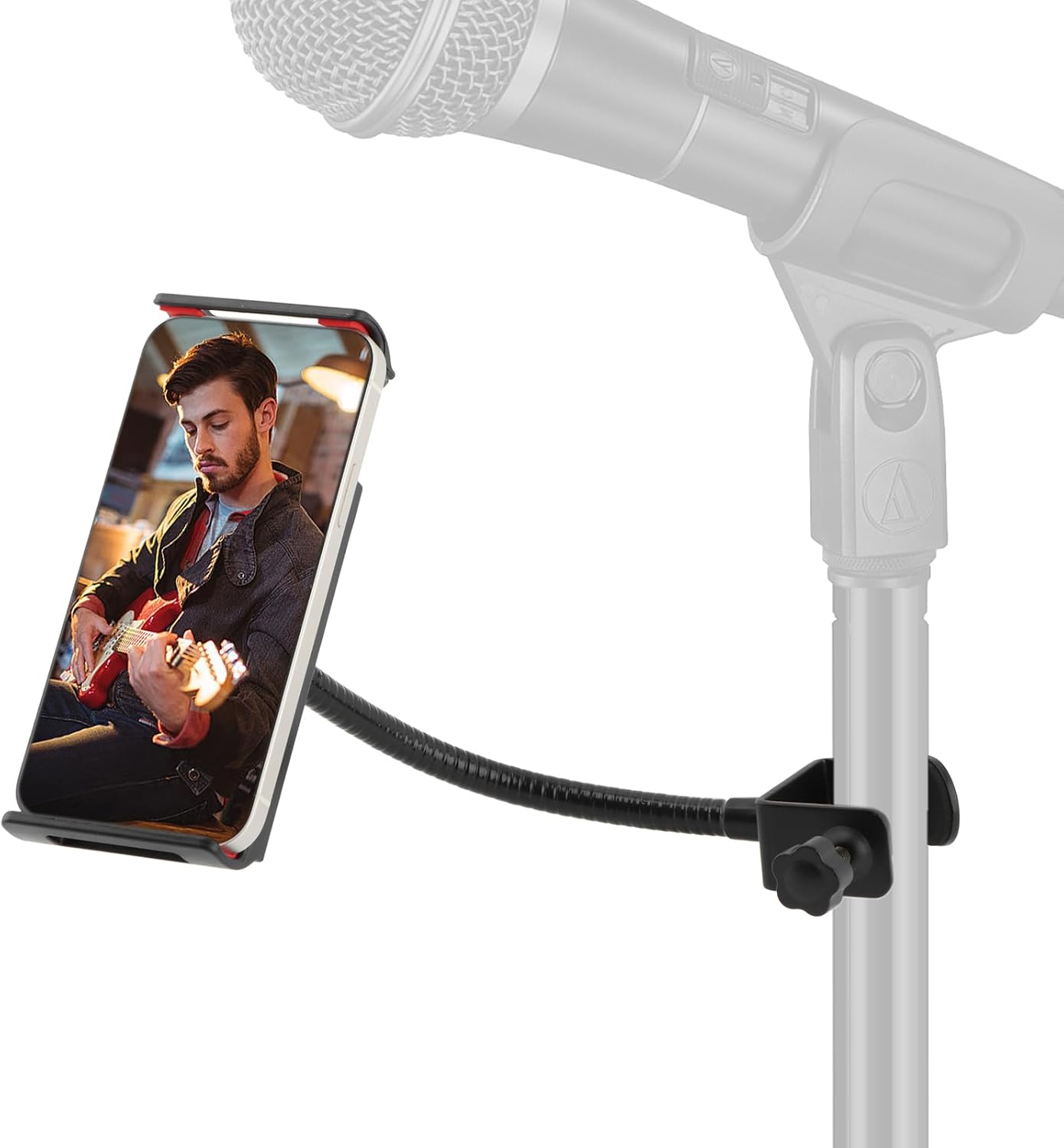 Flexible Phone Holder for Mic Stand, Adjustable Mic Stand Cell Phone Clip with 9″ Long Flexible Gooseneck Arm for 4.72″-7.09″ Mobile Phones and Tablets