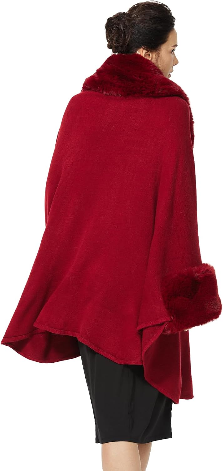 Women Cape Poncho with Fur Trim Winter Faux Fur Shawl Wrap Coat Sleeveless Cardigan Cloak - Image 3