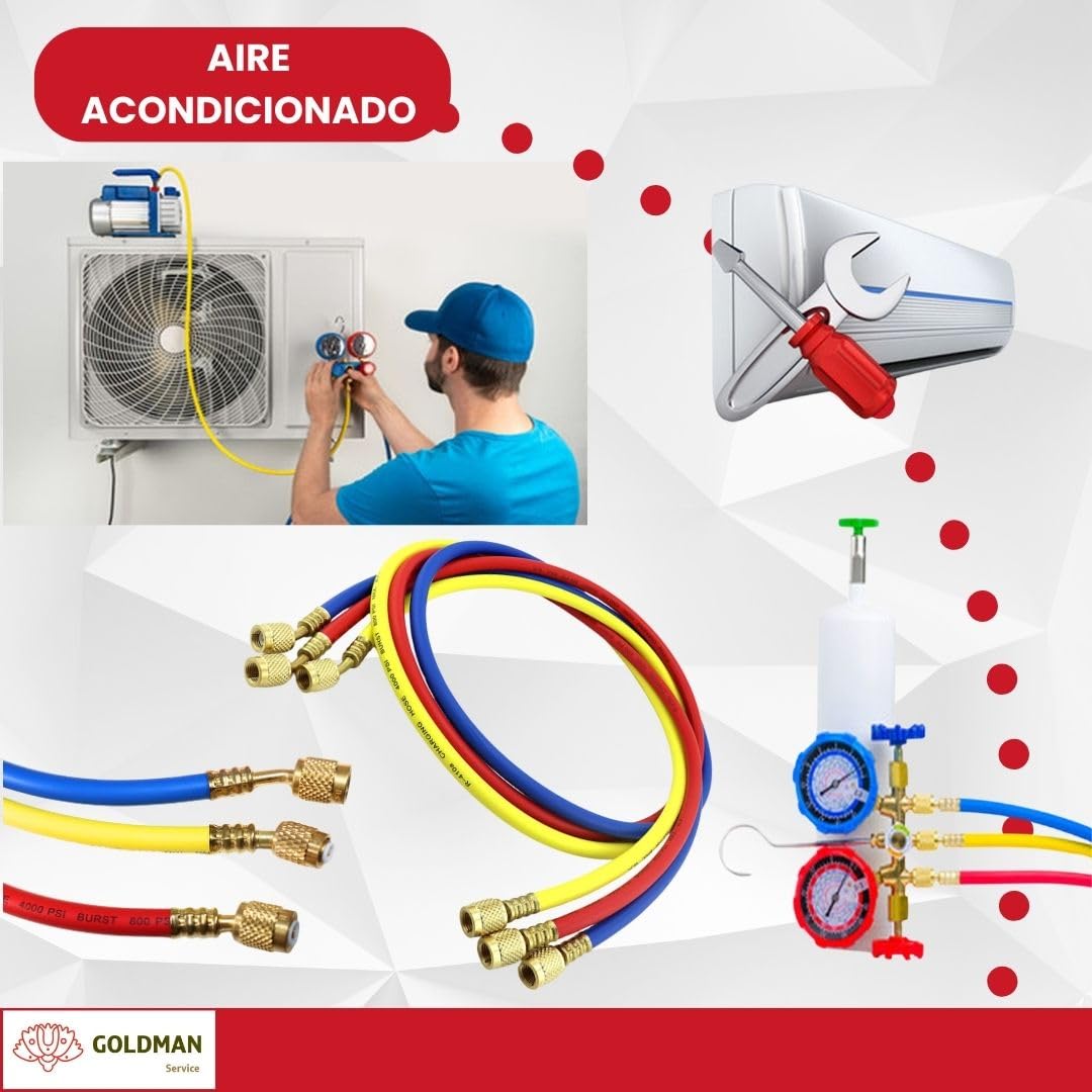 GOLDMAN SERVICE | Set de 3 Mangueras Recarga Alta Presión Gas Refrigerante R410a de Aire Acondicionado | Largo 150 centímetros, 60 Pulgadas