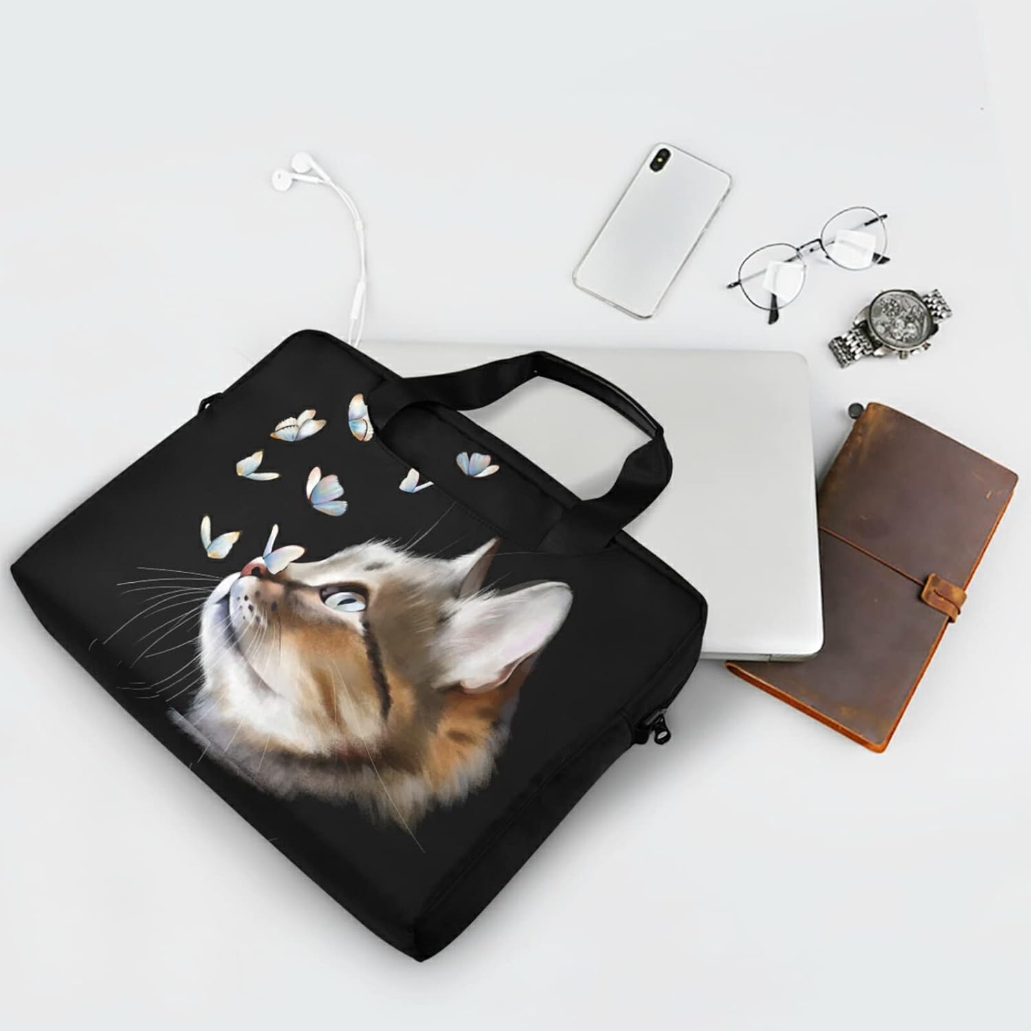 Cute Kitty Cat with Butterfly Laptop Bag Case 13 14 15.6 inch Laptop Messenger Bag Crossbody Briefcase for Men Women with Shoulder Strap Handle