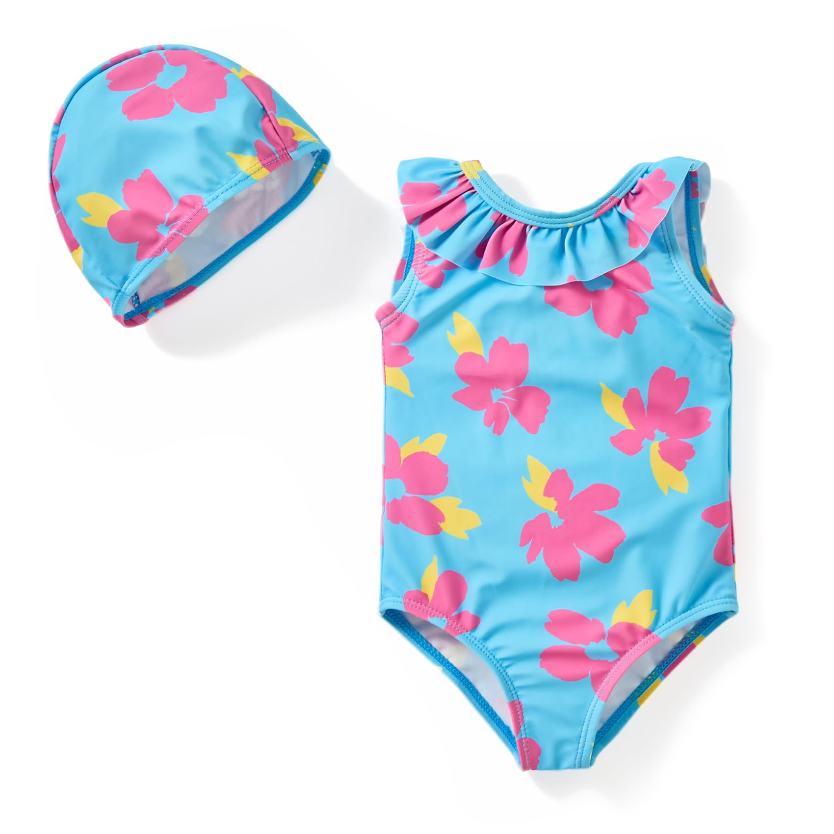 MinicocoBaby Girl Toddler Plus Size Ruffled One Pieces Swimsuit Bathing Suit Cute Simple Beach Swimwear with Hat