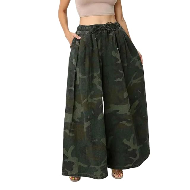 Gaucho Pants for Women Camouflage Wide Leg Summer Palazzo Bottoms Camo Elastic Waist Culottes Loose Fit Casual with