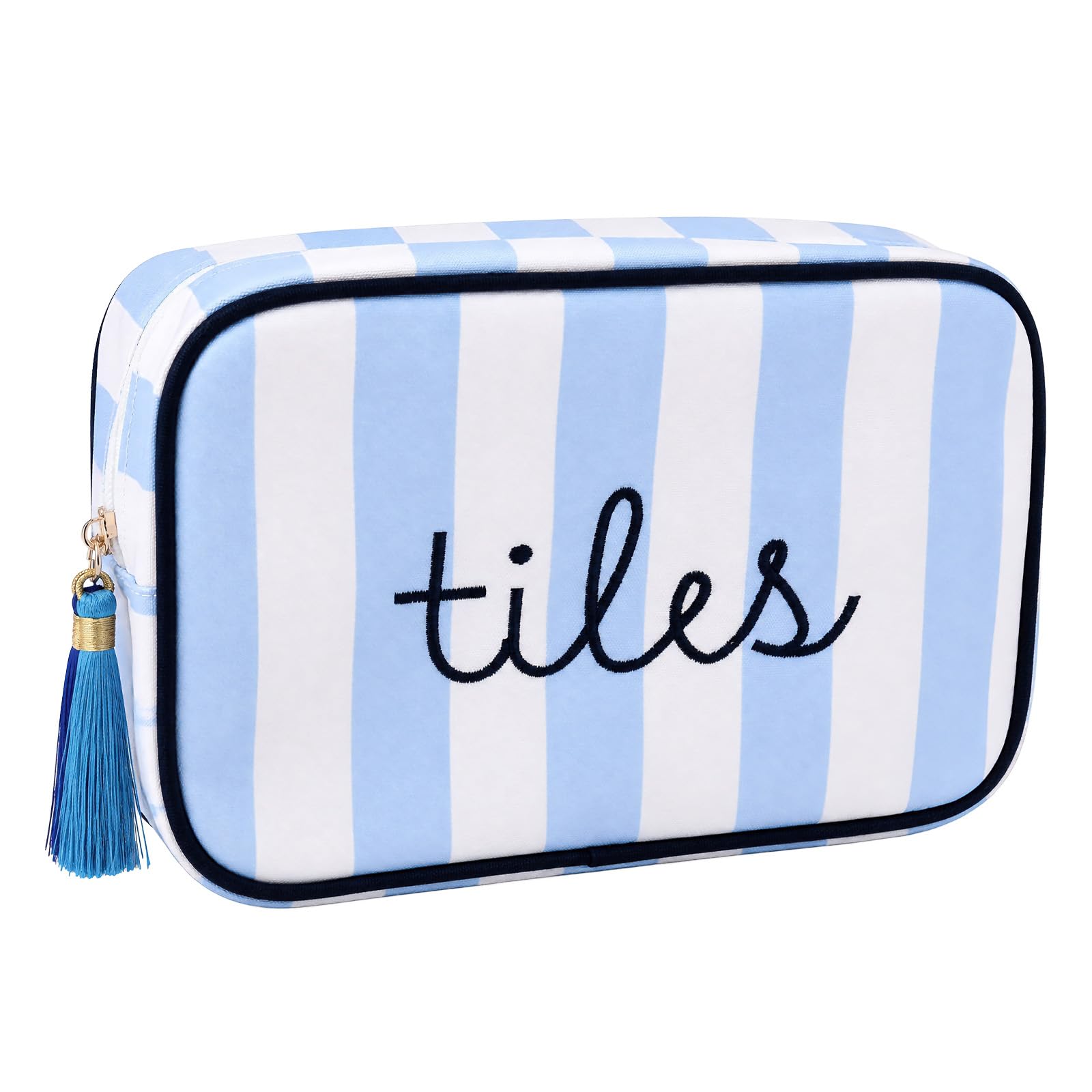Goktvai Mahjong Tile Bag with Embroidered Letter & Tassel Zipper, Blue & White Striped Storage Case for 166 American Mahjong Tiles Board Game Pouch Accessory Mah Jong Lover Gift (Case Only)