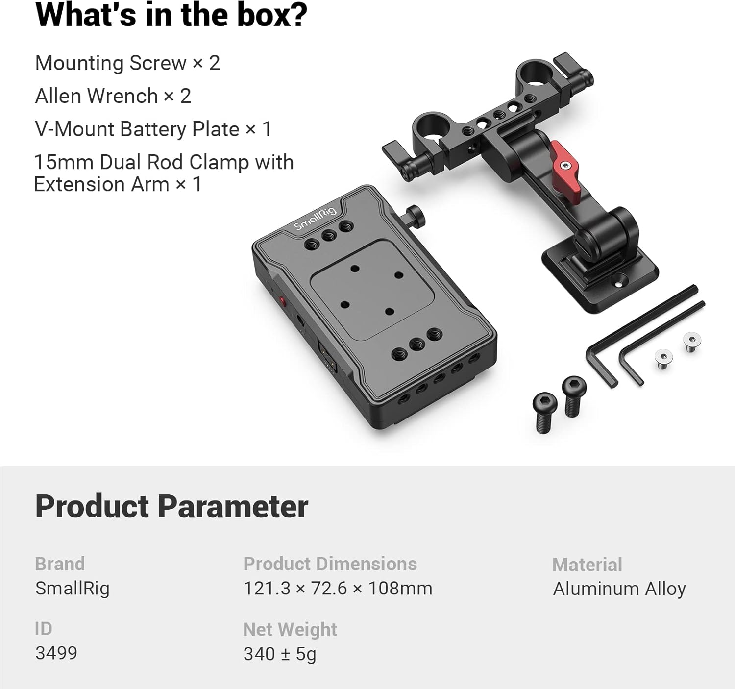 SmallRig V-Mount Battery Adapter Plate product parameters table showing brand, ID, product dimensions, net weight, and material.