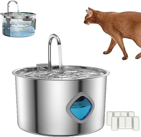 Pawirra Water Fountain for Cats Dogs, Pawirra Premium Cat Water Fountain for Healthy Hydration, Large Capacity Stainless Steel Pet Water Fountains with Water Window (1PC+2 Filter)