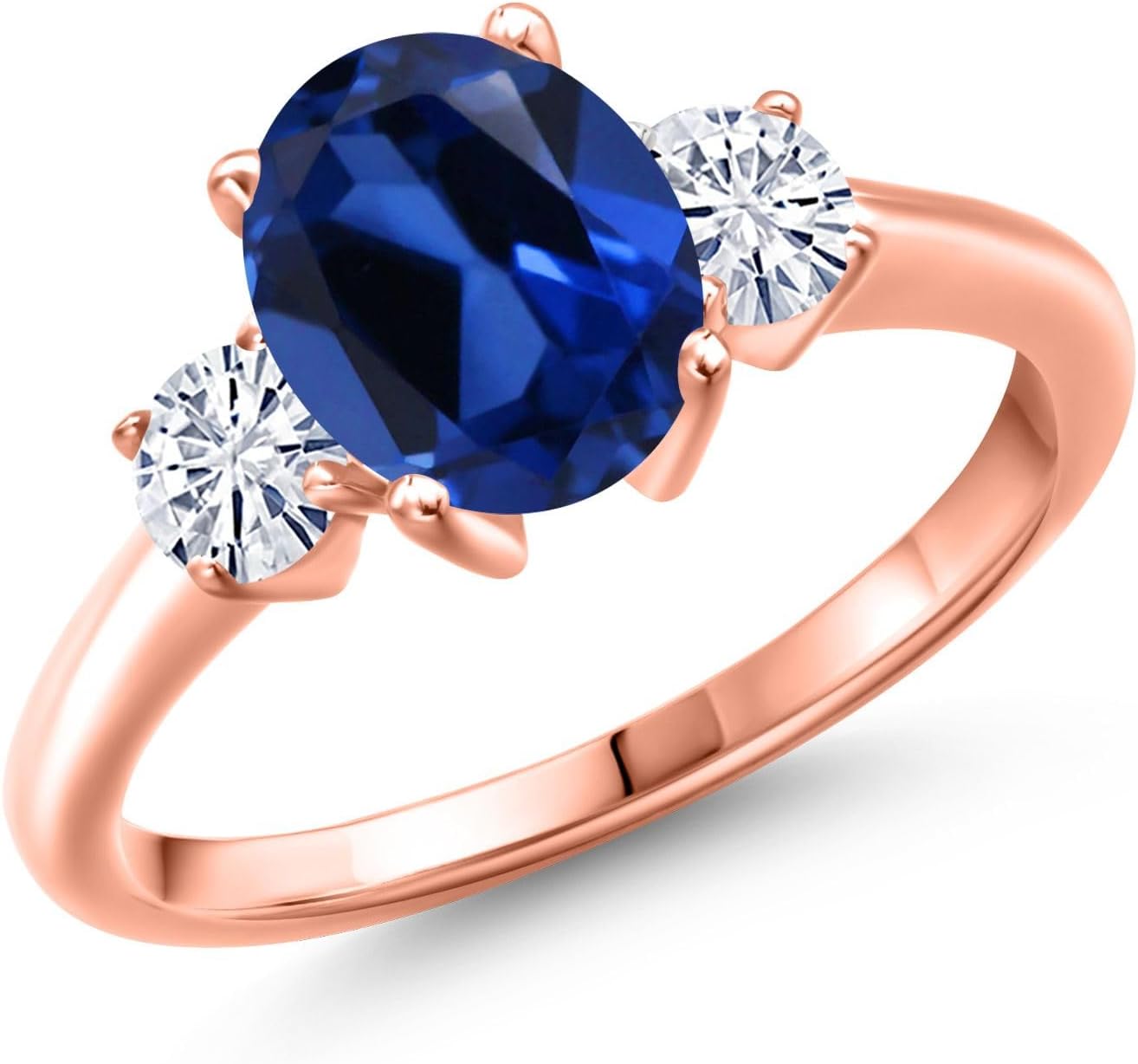 Gem Stone King 18K Rose Gold Plated Silver Gemstone Birthstone and White Moissanite 3-Stone Engagement Ring for Women | Oval 9X7MM and Round 4MM | Three Stone Wedding Anniversary Promise Ring | Sizes