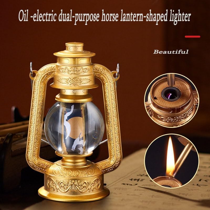 Vintage Kerosene Lighter, Lantern-Shaped Match Lighter, Arc Ignition, Refillable Fuel Desktop Antique Lighter, Suitable for Men's Gifts, Interior Decorations, Decorations(Gold)