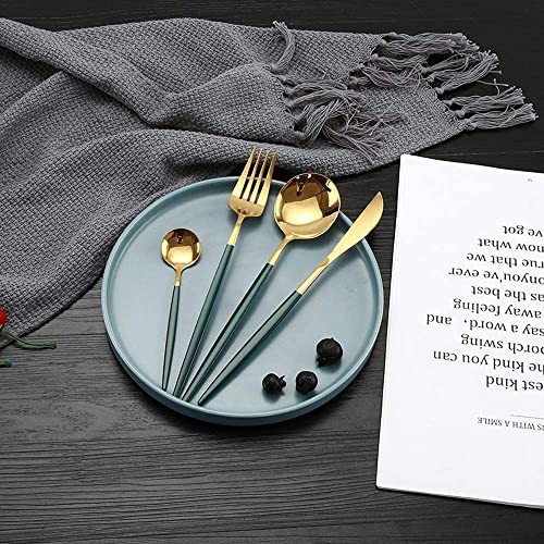 Image of Stainless Steel Flatware Set - Mirror Polished Cutlery for Dinner, Kitchen Utensil with Fork, Spoon, Knife Silverware Tableware Lunch Box(Green-Blue, Set of 12)