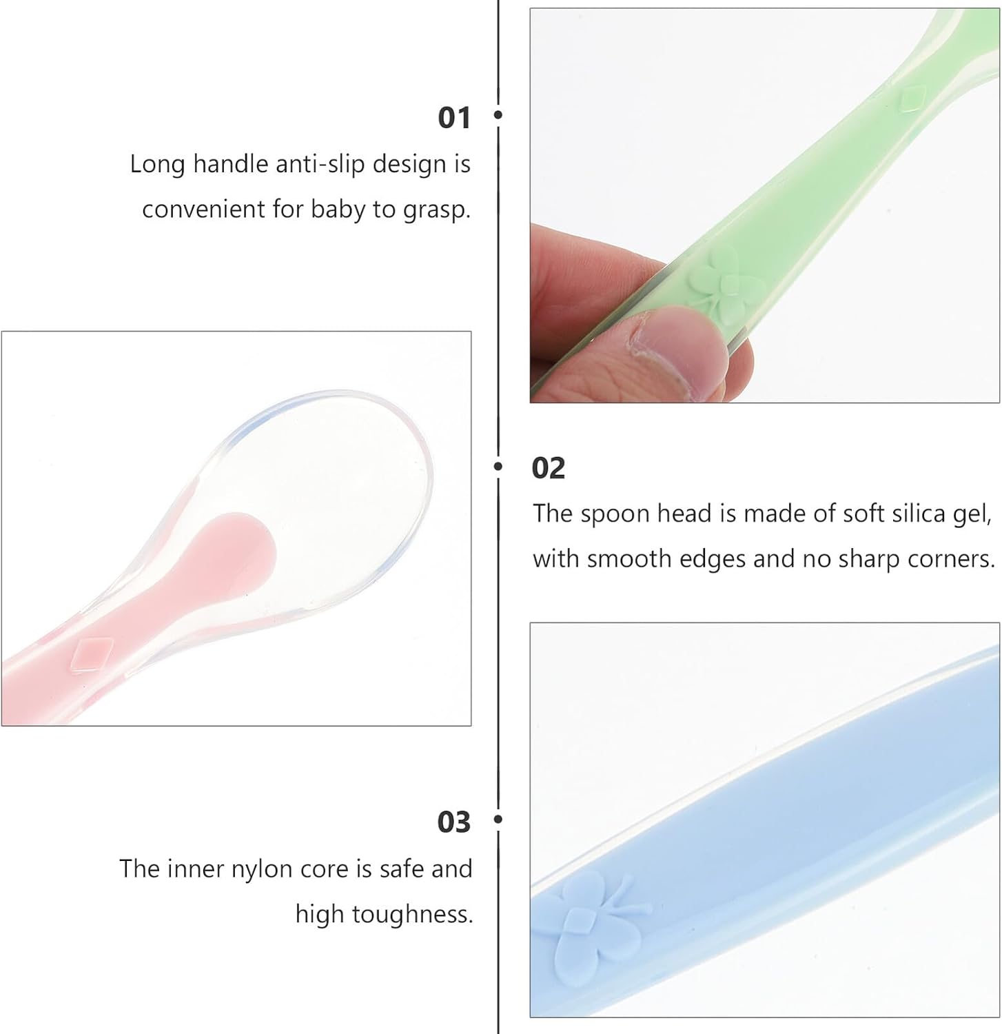 3pcs Food-grade Silicone Spoons Soft Complementary Food Utensils with Non-slip Handles for Self-feeding Gentle Gums Pink Green Blue