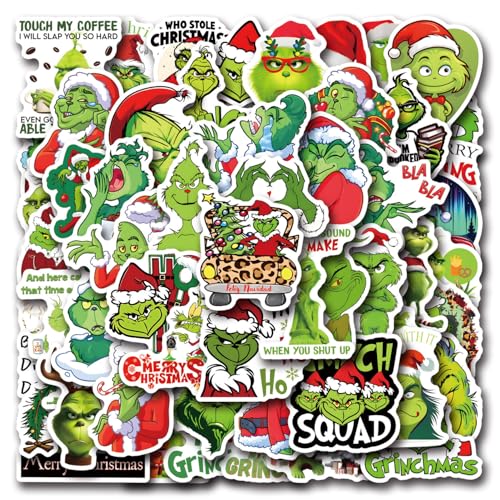 55pcs Christmas Theme Grinch Stickers for Kids Cute Cartoon Waterproof Vinyl Decal for Adult Teen Boy Girl Water Bottle Laptop Phone Skateboard Guitar Notebook Computer Luggage