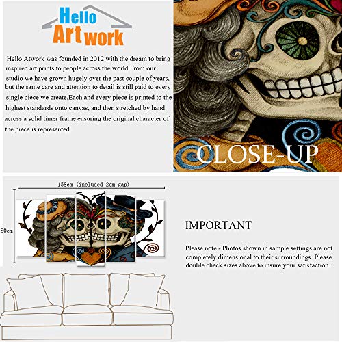 Ihappywall Large 5 Pieces Skull Canvas Wall Art Vintage Skull Head Couple Love With Flower In Eyes Colorful Human Skeleton Tattoo Artwork The Pictures Print On Canvas For Bedroom Home Decor Ready To Hang #TOP5