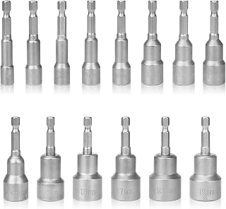 14 pcs Hex Socket Set, 6-19mm Nut Driver Set 1/4 Inch Magnetic Drill Bit Quick Change Impact Driver Sockets Bits for Power Drills Electric Screwdriver (65mm Length)