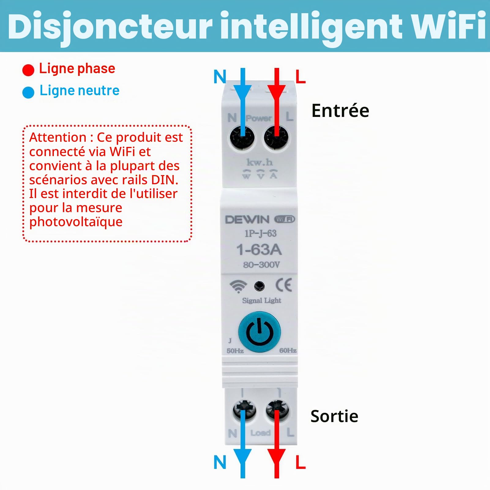 Disjoncteur connecté Tuya smart APP disjoncteur wifi Disjoncteur Intelligent compteur electrique connecté 63A contacteur wifi Charge Overcurrent Protection interrupteur à air 1P-J-63