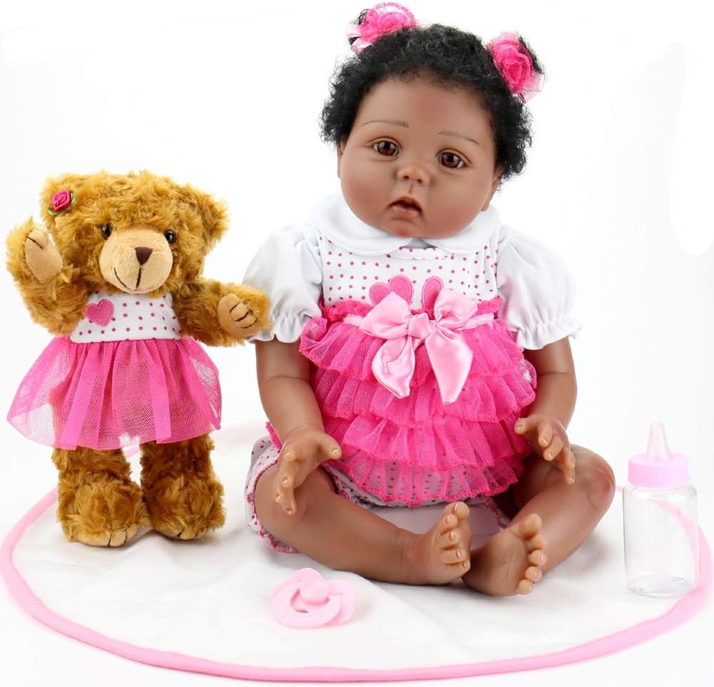 Uр Tо 50% оƒƒ Aori Black Reborn Baby Dolls Lifelike African American Girl Doll 22 Inch Weighted Biracial Newborn Baby with Teddy Set for Girls Age 3