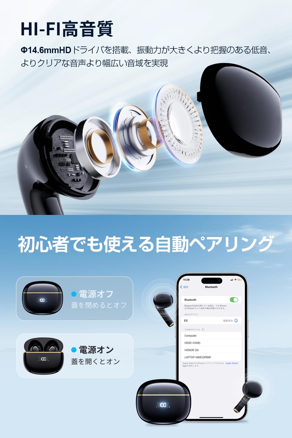 ワイヤレスイヤホン 新傑作モデル イヤホン bluetooth マイク付き ブルートゥース ENCノイズキャンセリング LEDディスプレイ表示 Hi-Fi音質 自動ペアリング 瞬間接続 ハンズフリー通話 コードレスType‐C急速充電 IPX7防水 超軽量設計 小型 片耳/両耳 会議/テレワーク/通学/通勤/音楽/ゲーム用 (ブラック) - 5