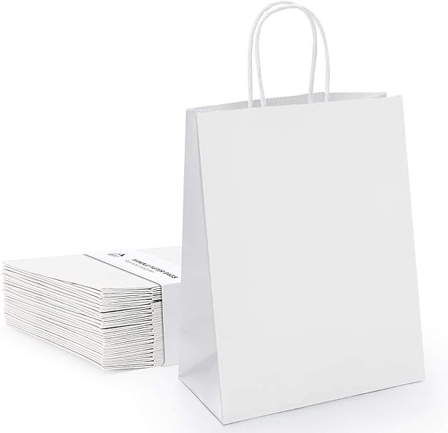 Anstore 40pcs Paper Bags with Handles,16x8x21cm Gift Bags, White Paper Bags for Grocery Baking Shopping Retail Party Wedding