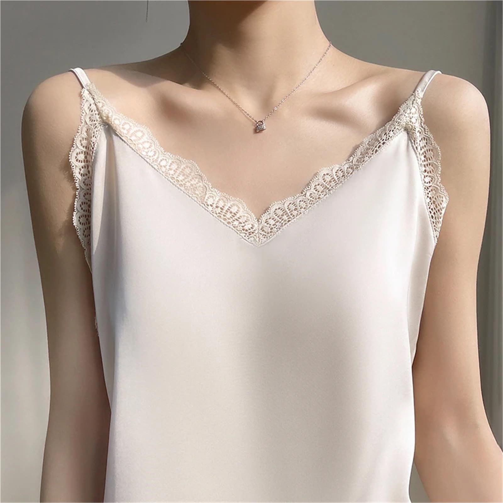 Camiseta Tirantes Mujer Camisola de Verano con Encaje, Prenda básica for Exteriores, sin Mangas, Sexy, Seda, Color Liso, Holgada