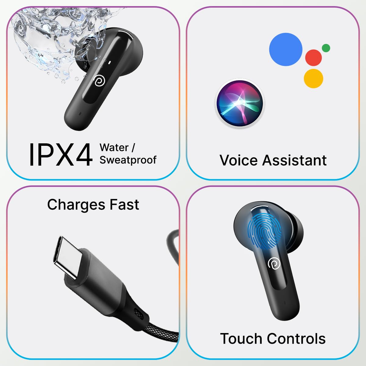 pTron Bassbuds Astra in-Ear TWS Earbuds w/Stereo Sound, 50Hrs Playtime, Stereo Calls, Custom EQ, Mobile App, BTv5.3 Headphones, Touch Control, Voice Assistant, Type C Charging & IPX4 (Black) — Amazon image 7