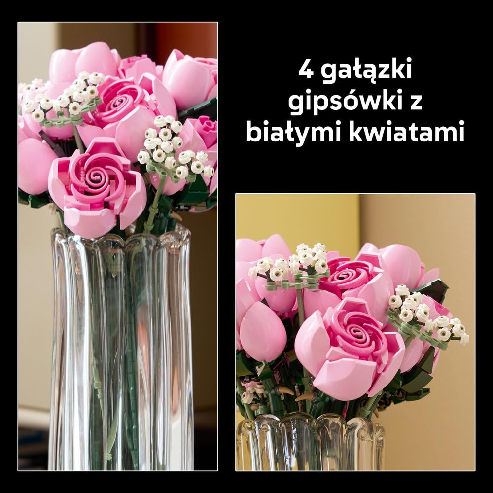 LEGO Botanicals Bukiet różowych róż, sztuczne kwiaty do zbudowania, pomysł na prezent na Dzień Matki, walentynki lub urodziny, dla kobiet i mężczyzn, kwiatowa dekoracja do domu i biura 10374
