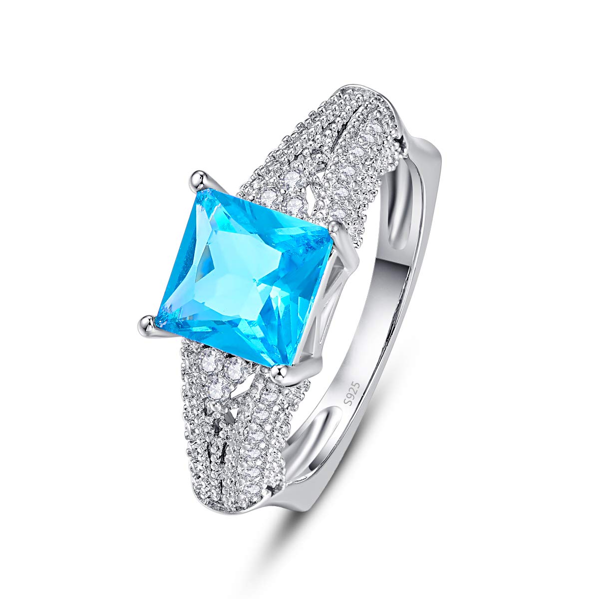 Psiroy 925 Sterling Silver Plated Princess Cut Simulated Blue Topaz Engagement Ring for Women