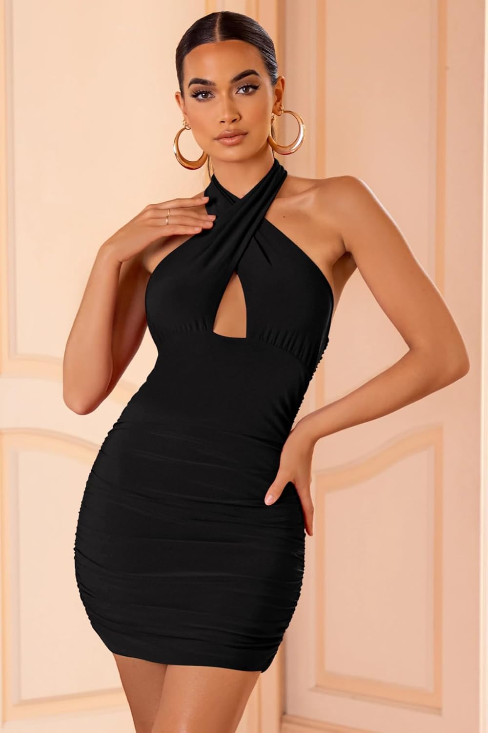 REORIA Women's Sexy Mini Dress Halter Sleeveless Backless Bodycon Criss Cross Ruched Short Dresses Party Night Club Outfits - Image 6