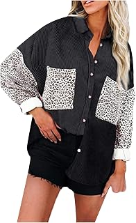 JINGAN Golf Waterproof Jacket Women's Casual Leopard Printed Splicing Coat Corduroy Long Sleeve Button Down Shirt Collared Jacket Coat Women Long Rain Coat Women's Lightweight Waterproof Jacket