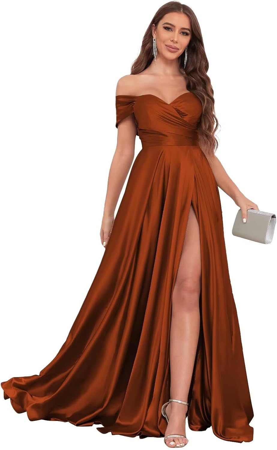 JKMMYO Women's Off Shoulder Bridesmaid Dresses for Wedding with Slit Satin Prom Dress Long Formal Gown