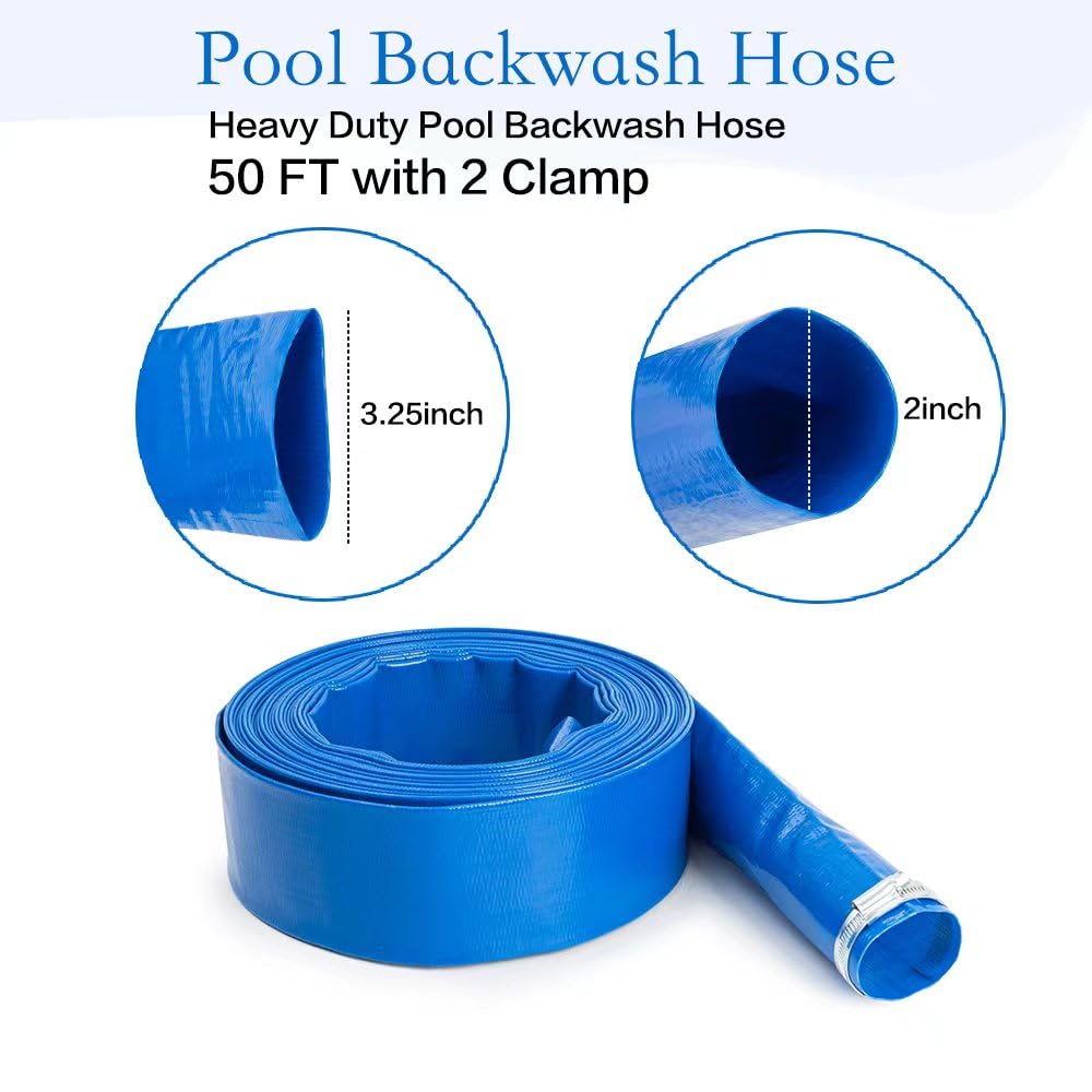 Manguera de PVC de 2 x 100 pies, manguera de retrolavado, resistente PVC azul reforzado para agua plana, para drenaje de piscinas y filtros limpios, con 2 abrazaderas (2 x 50 pies)