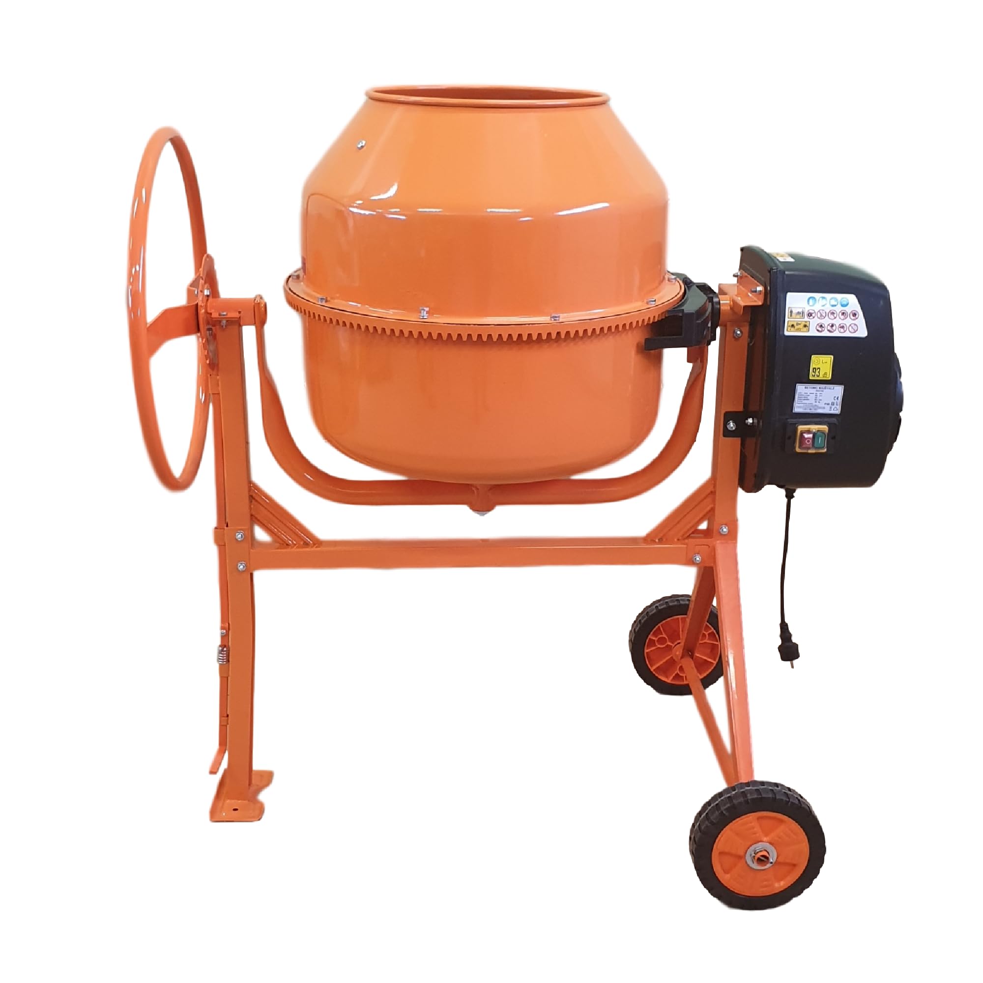 Betonmischer BAU200, 200L Trommel, 1050W Motor, Orange, Stahlrahmen mit Metall-Zahnkranz, Kunststoffräder, Kipp-Handrad