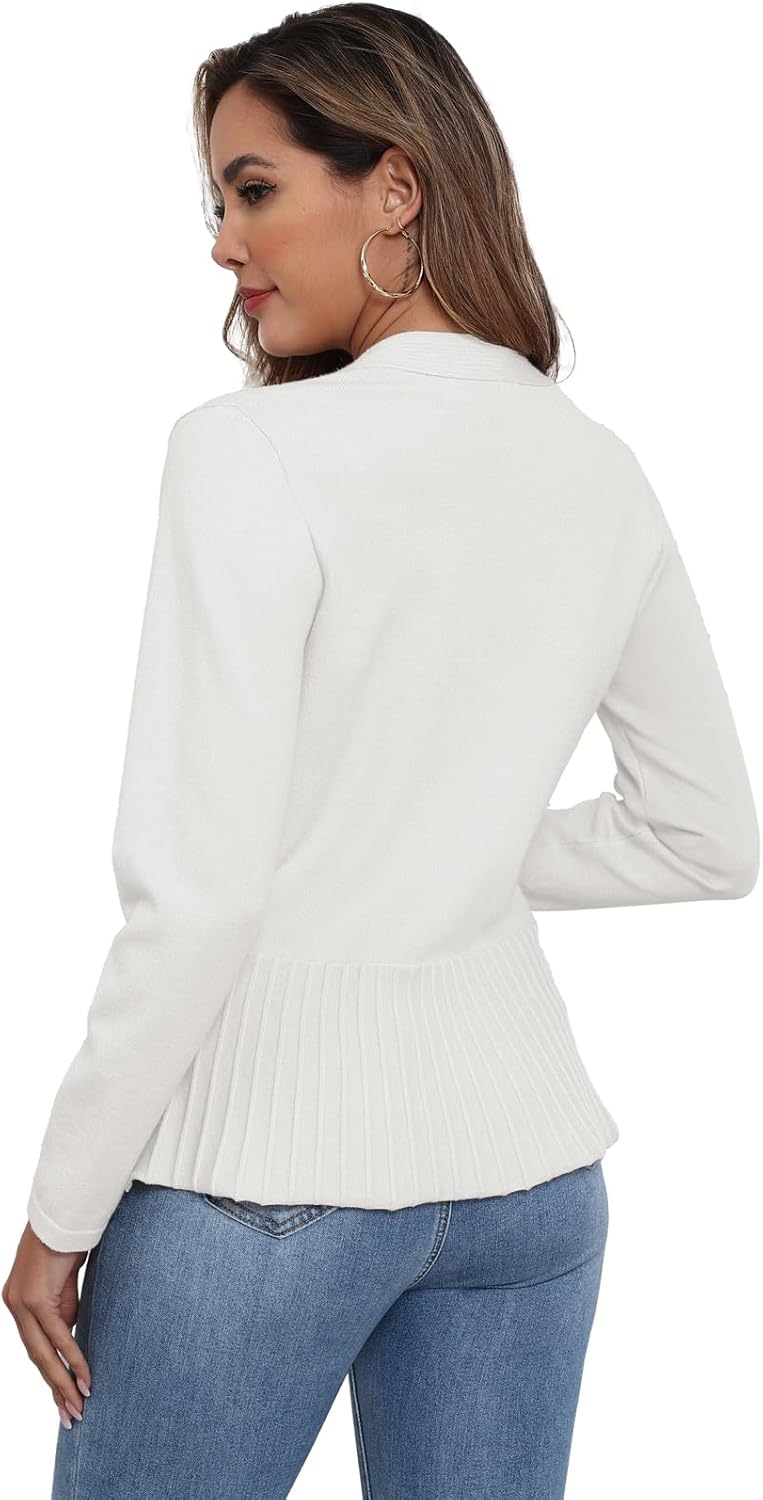 GRECERELLE Women Lightweight Casual Long Sleeves Cropped Cardigan Open Front Peplum Knit Sweater Outwear - Image 6