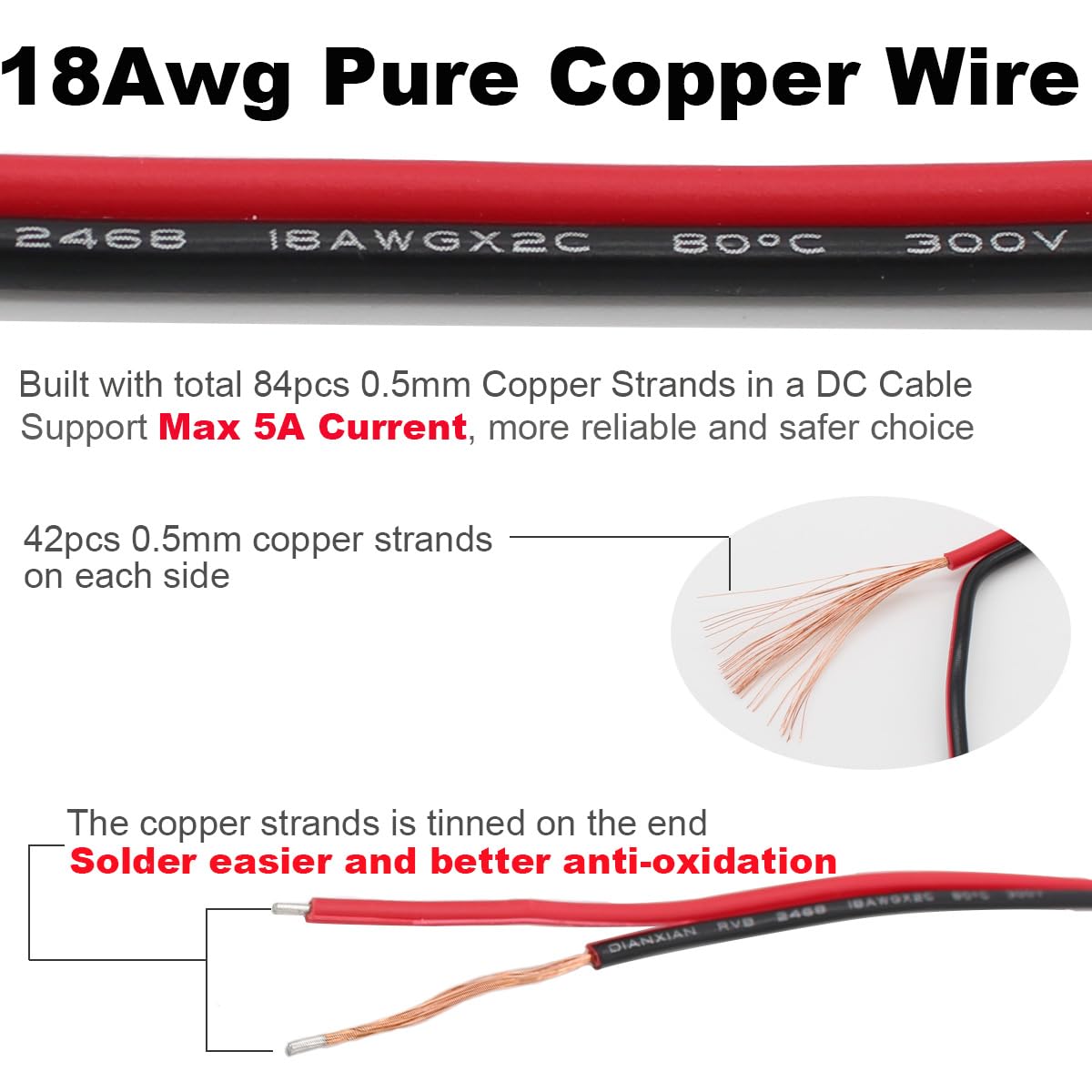 12V 5A DC Power Pigtail Barrel Plug Connector Cable 5 Pairs, 2.1mm x 5.5mm Male Female DC Pigtail Connectors for CCTV Security Camera and 12V Power Supply Adapter - Image 2