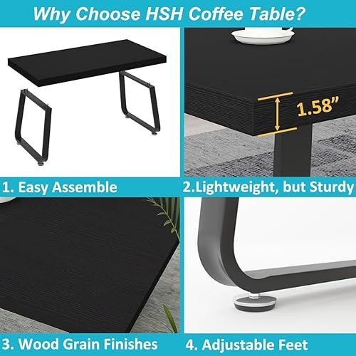 Miniatura 4 de HSH Mesa auxiliar negra, mesa central de madera industrial y patas de metal, mesa de cóctel rectangular moderna y minimalista para sala de estar,