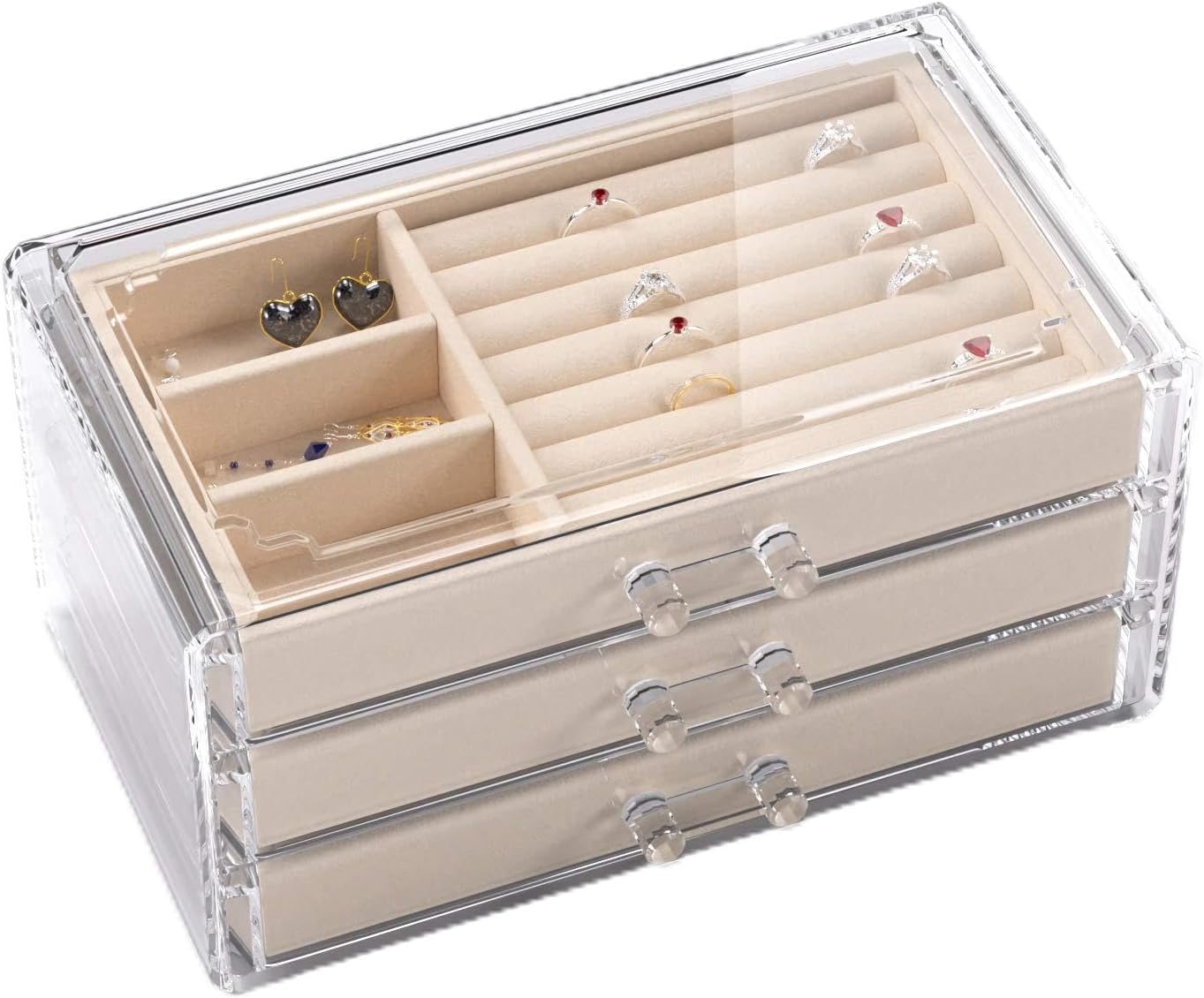 Acrylic Jewelry Box with 3 Drawers,Velvet Jewellery Organizer Small Clear Jewelry Organizer, Earring Rings Bangle Bracelet Necklace Storage for Women, Girls