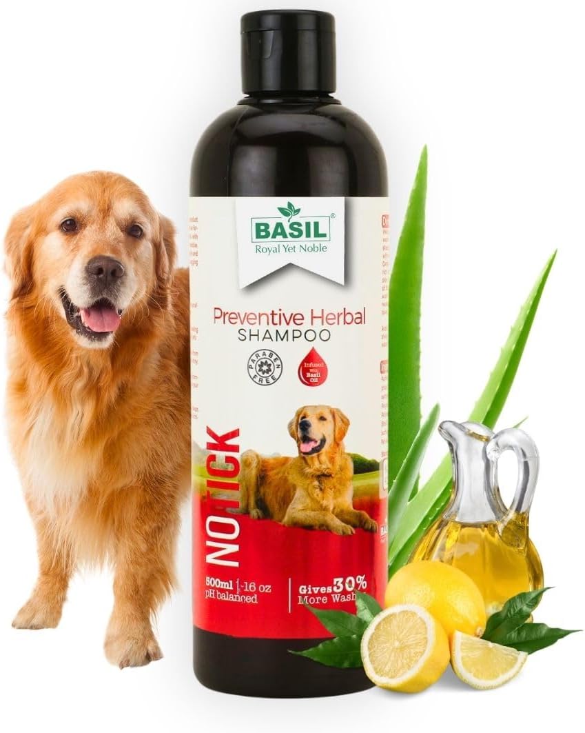 Basil No Tick Herbal Pet Shampoo | Anti-Bacterial Formula | Itch Relief for Pets | Effectively Removes Ticks & Fleas | Softens, Strengthens, and Adds Shine to Fur | Paraben-Free | 500ml Bottle