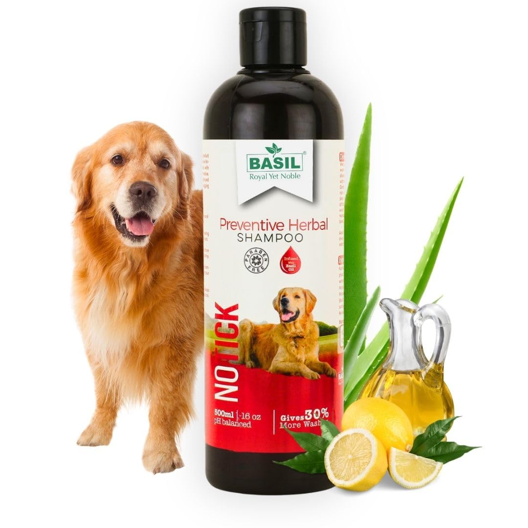 Basil No Tick Herbal Pet Shampoo | Anti-Bacterial Formula | Itch Relief for Pets | Effectively Removes Ticks & Fleas | Softens, Strengthens, and Adds Shine to Fur | Paraben-Free | 500ml Bottle