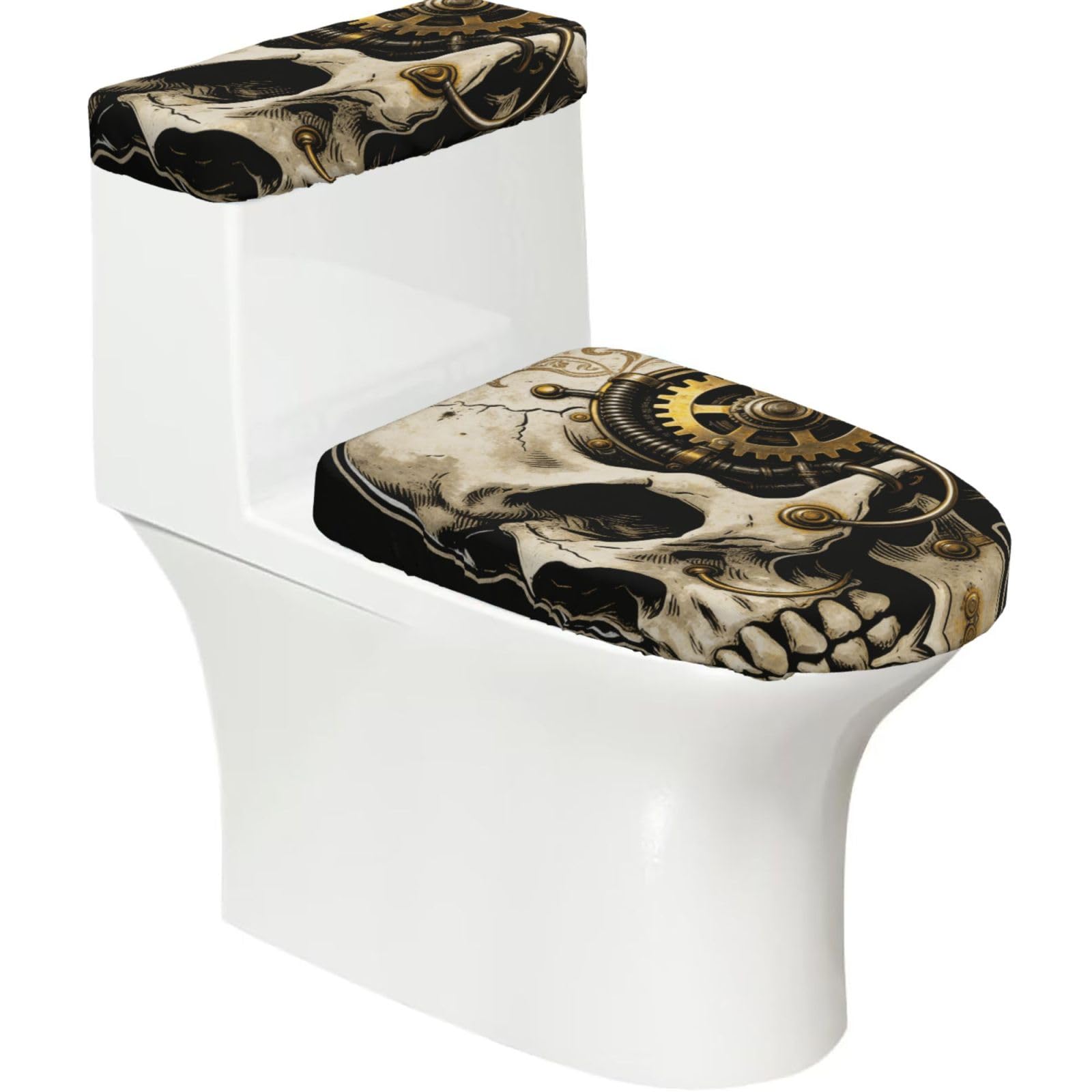 Duykimqw Black Steampunk Skull Print Bathroom Toilet Lid Cover, Water Tank Covers